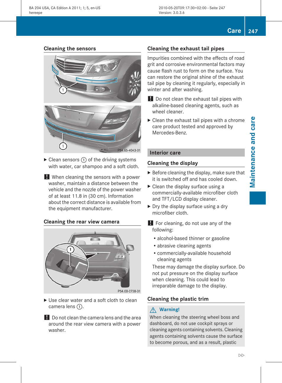 Interior care, Maintenance and care, Care | Mercedes-Benz C-Class 2011 Owners Manual User Manual | Page 249 / 320