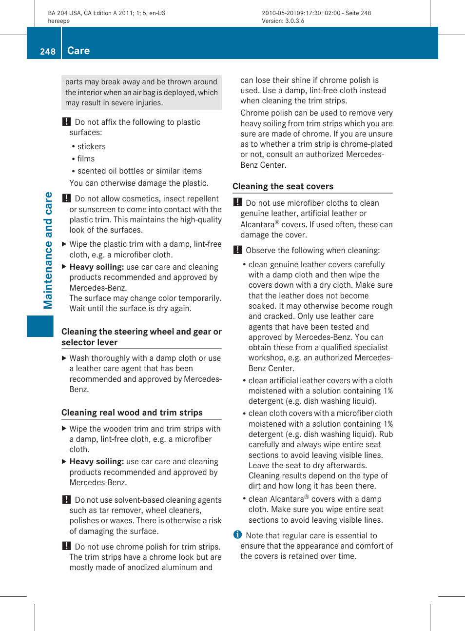 Maintenance and care, Care | Mercedes-Benz C-Class 2011 Owners Manual User Manual | Page 250 / 320