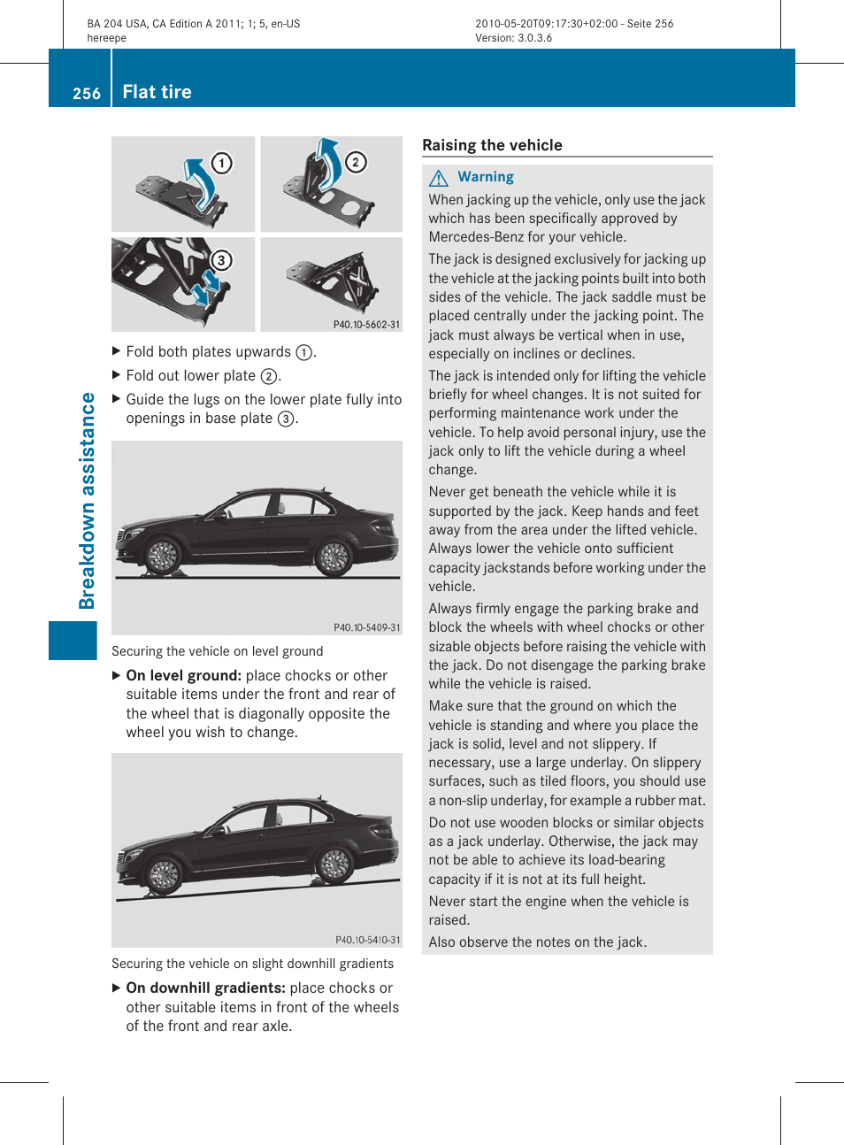Breakdown assistance, Flat tire | Mercedes-Benz C-Class 2011 Owners Manual User Manual | Page 258 / 320