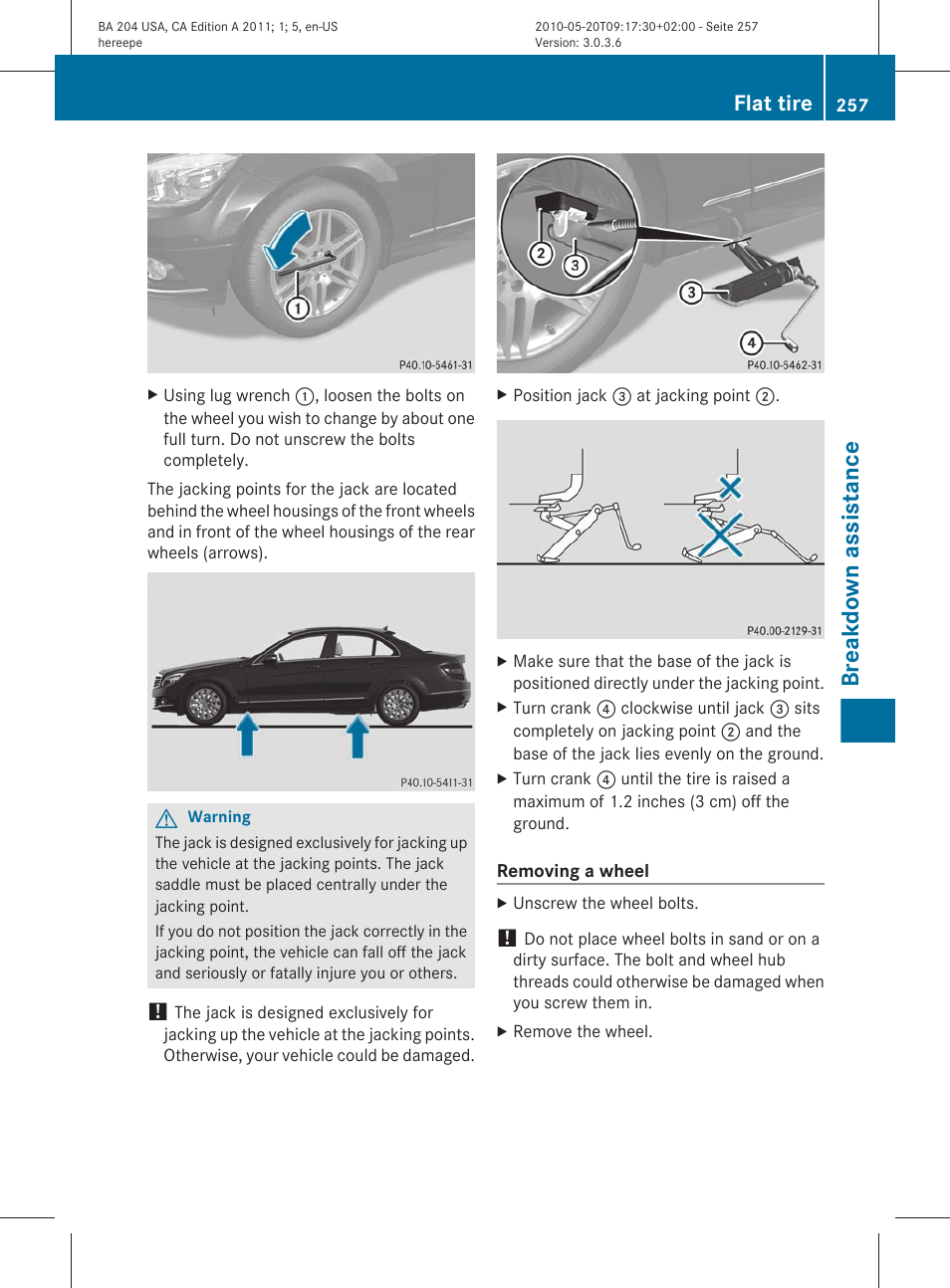 Breakdown assistance, Flat tire | Mercedes-Benz C-Class 2011 Owners Manual User Manual | Page 259 / 320