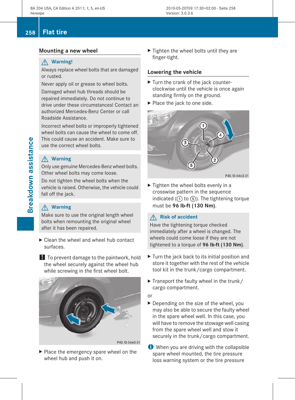 Breakdown assistance, Flat tire | Mercedes-Benz C-Class 2011 Owners Manual User Manual | Page 260 / 320