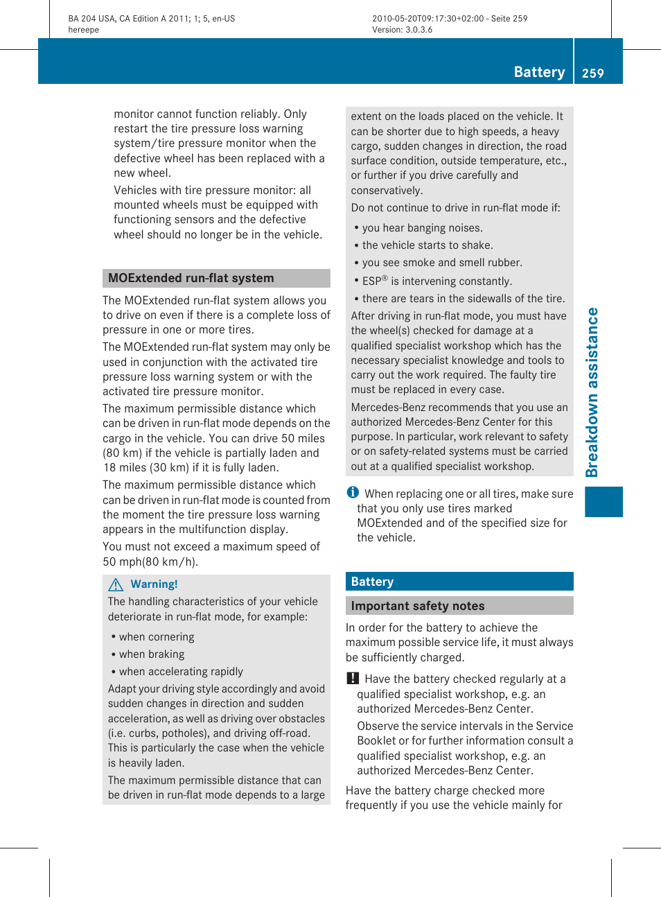 Moextended run-flat system, Battery, Important safety notes | Breakdown assistance | Mercedes-Benz C-Class 2011 Owners Manual User Manual | Page 261 / 320