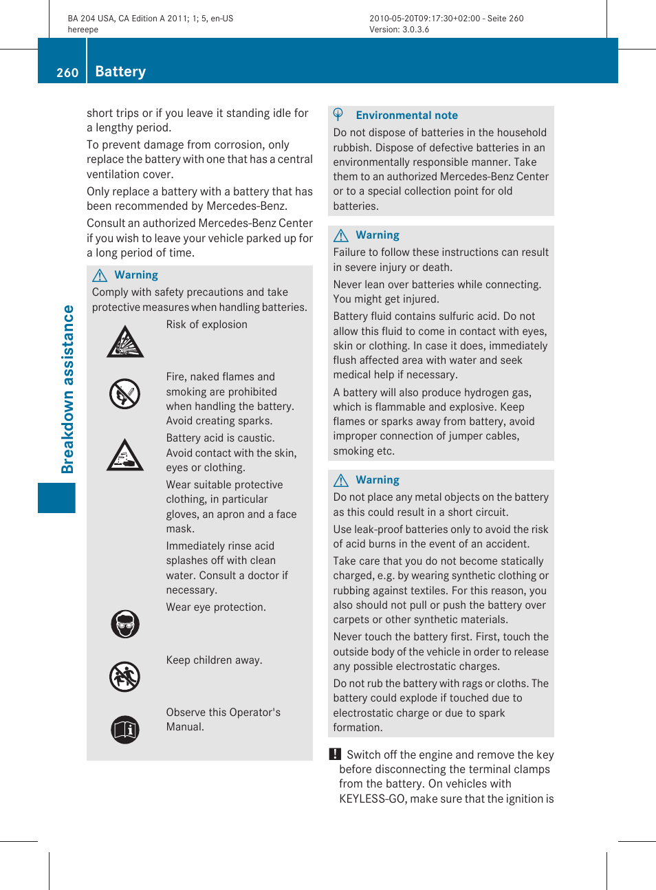 Breakdown assistance, Battery | Mercedes-Benz C-Class 2011 Owners Manual User Manual | Page 262 / 320