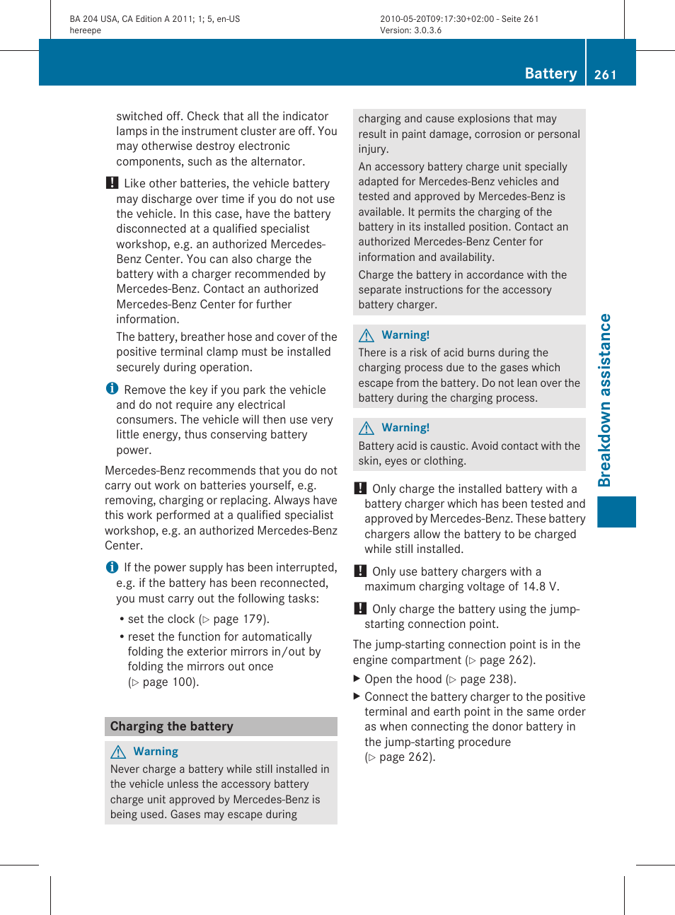 Charging the battery, Necessary, Breakdown assistance | Battery | Mercedes-Benz C-Class 2011 Owners Manual User Manual | Page 263 / 320