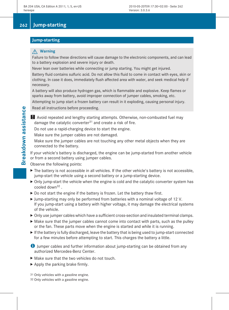 Jump-starting, Jump-start the vehicle, Engine compartment | Breakdown assistance | Mercedes-Benz C-Class 2011 Owners Manual User Manual | Page 264 / 320
