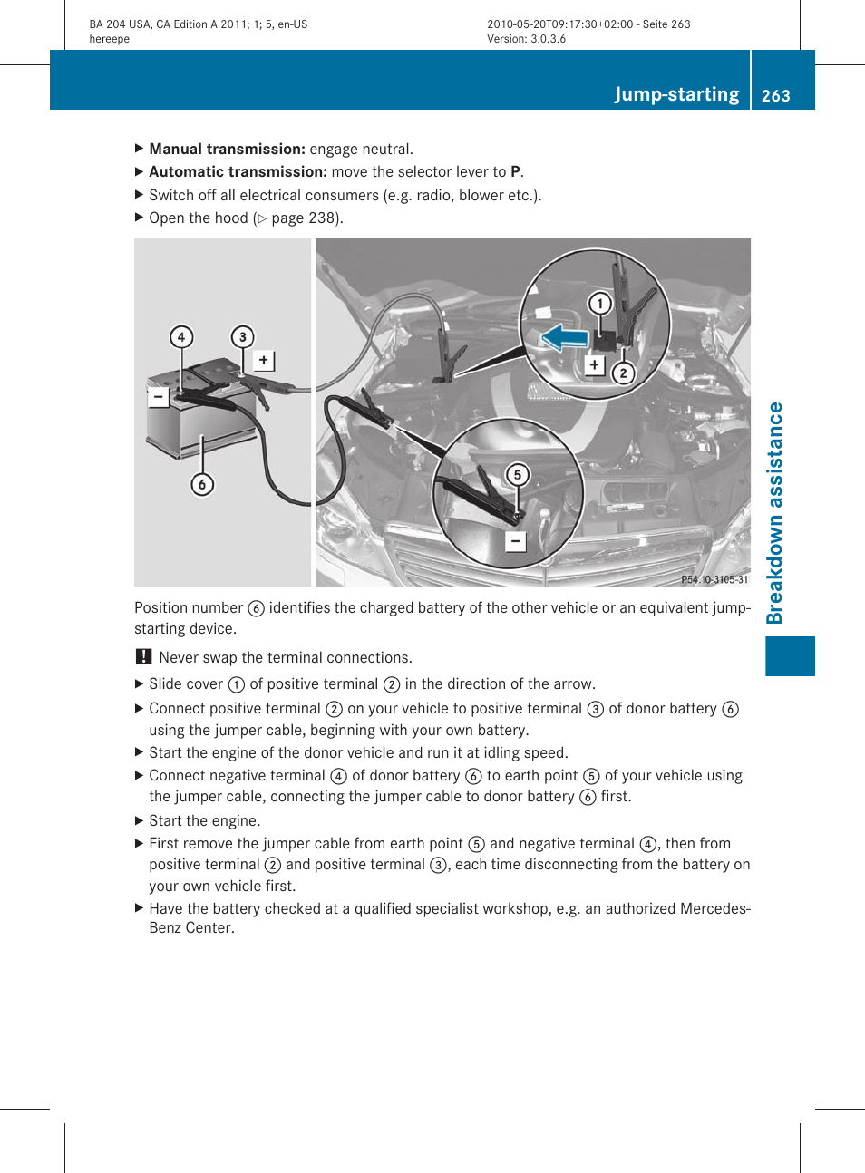 Breakdown assistance, Jump-starting | Mercedes-Benz C-Class 2011 Owners Manual User Manual | Page 265 / 320