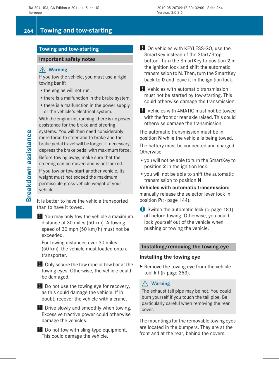Towing and tow-starting, Important safety notes, Installing/removing the towing eye | Breakdown assistance | Mercedes-Benz C-Class 2011 Owners Manual User Manual | Page 266 / 320