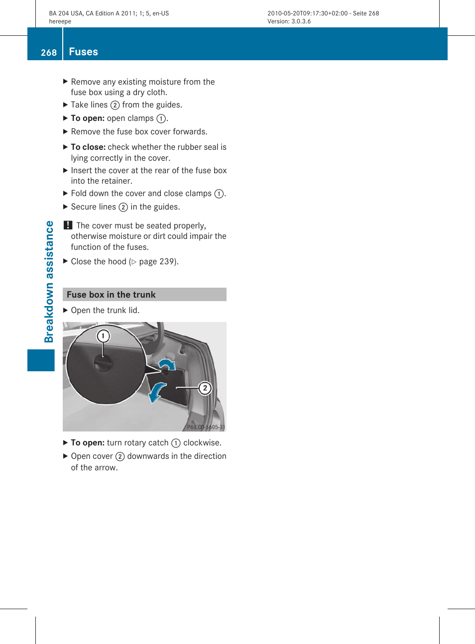 Fuse box in the trunk, Breakdown assistance, Fuses | Mercedes-Benz C-Class 2011 Owners Manual User Manual | Page 270 / 320