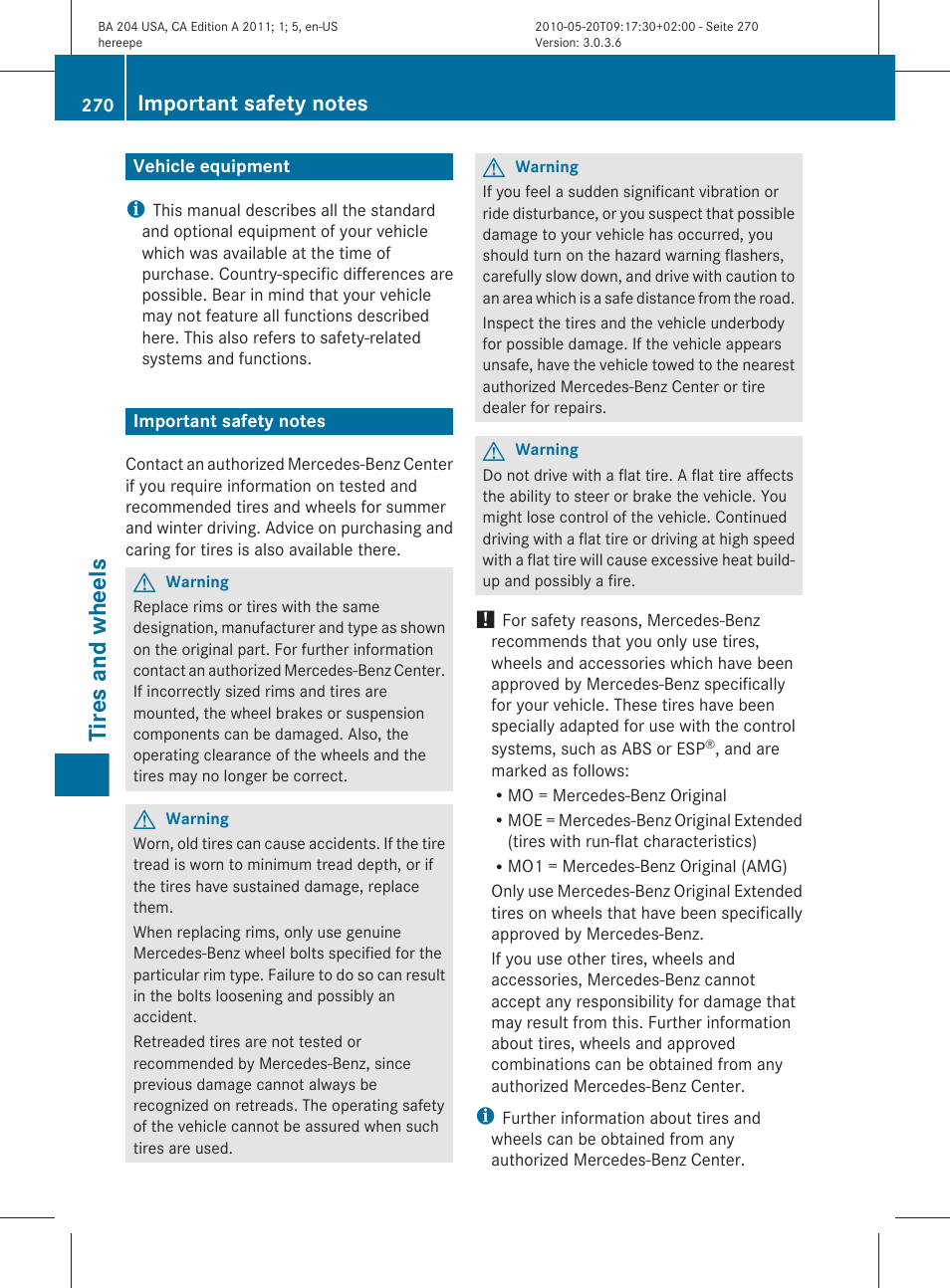 Tires and wheels, Vehicle equipment, Important safety notes | Mercedes-Benz C-Class 2011 Owners Manual User Manual | Page 272 / 320