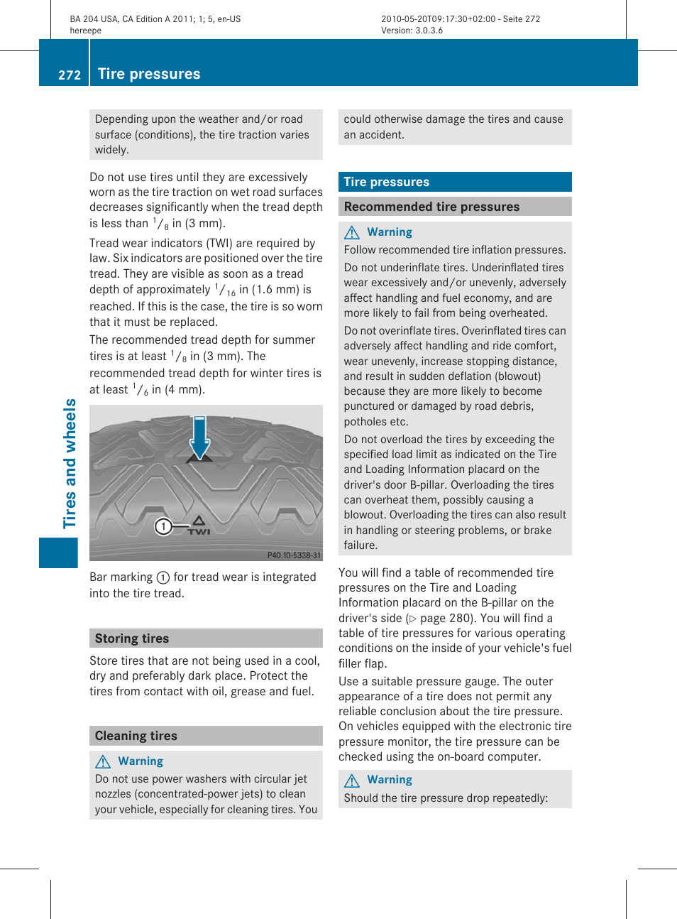 Storing tires, Cleaning tires, Tire pressures | Recommended tire pressures, Tires and wheels | Mercedes-Benz C-Class 2011 Owners Manual User Manual | Page 274 / 320