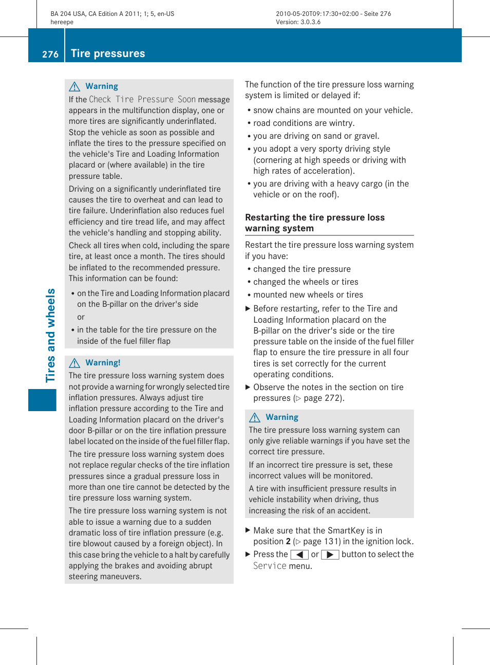 Tires and wheels, Tire pressures | Mercedes-Benz C-Class 2011 Owners Manual User Manual | Page 278 / 320