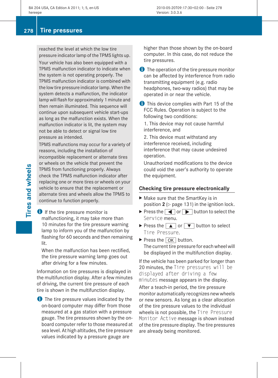 Tires and wheels, Tire pressures | Mercedes-Benz C-Class 2011 Owners Manual User Manual | Page 280 / 320