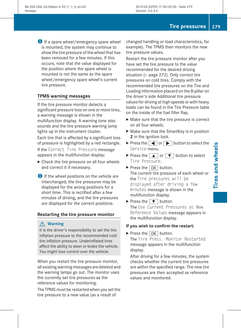 Restart the tire pressure monitor, Tires and wheels, Tire pressures | Mercedes-Benz C-Class 2011 Owners Manual User Manual | Page 281 / 320