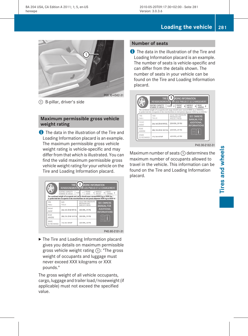 Maximum permissible gross vehicle weight rating, Number of seats, Tires and wheels | Loading the vehicle | Mercedes-Benz C-Class 2011 Owners Manual User Manual | Page 283 / 320