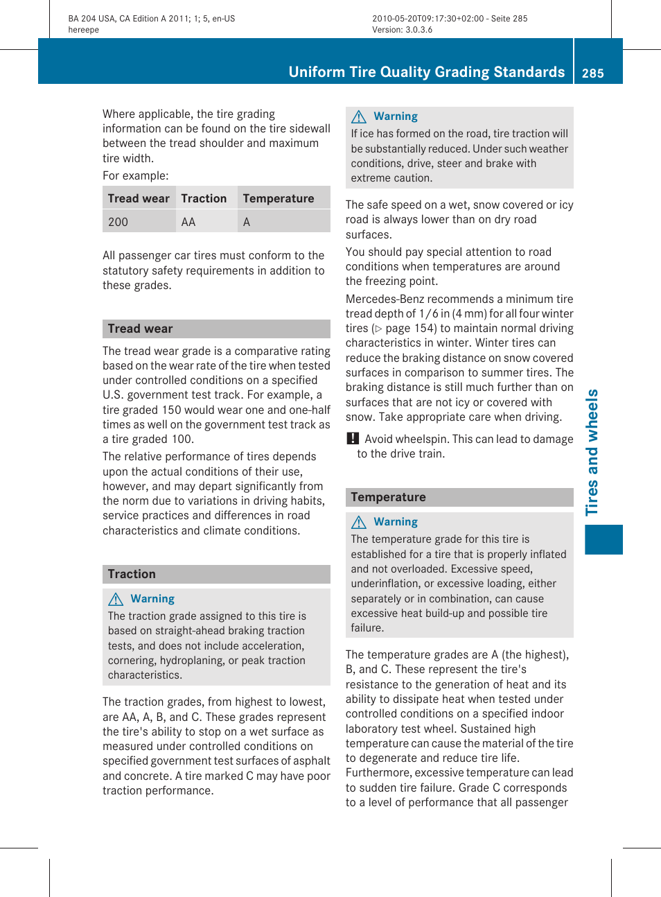Tread wear, Traction, Temperature | Tires and wheels, Uniform tire quality grading standards | Mercedes-Benz C-Class 2011 Owners Manual User Manual | Page 287 / 320