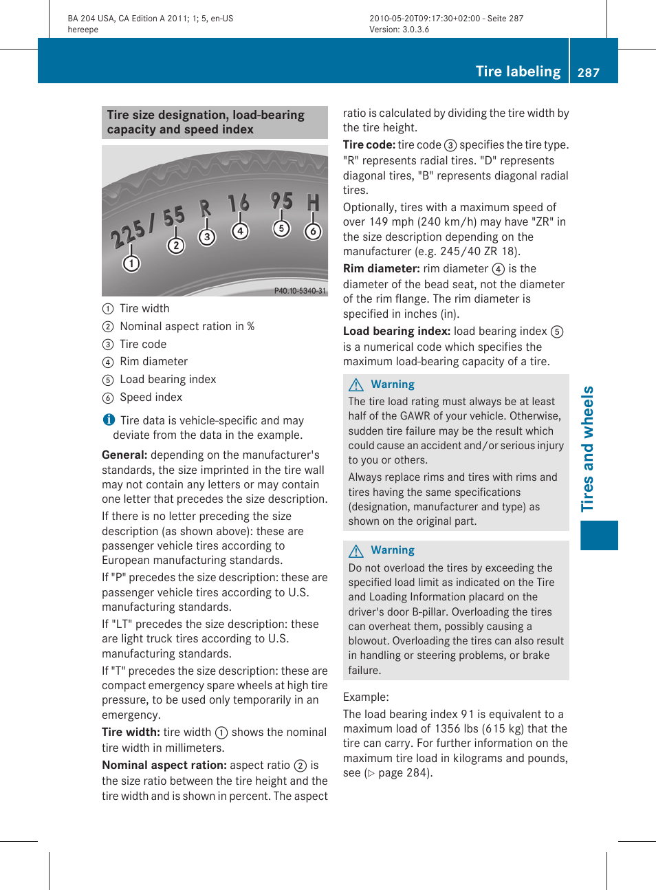Sidewall, Capacity and speed index, Tires and wheels | Tire labeling | Mercedes-Benz C-Class 2011 Owners Manual User Manual | Page 289 / 320