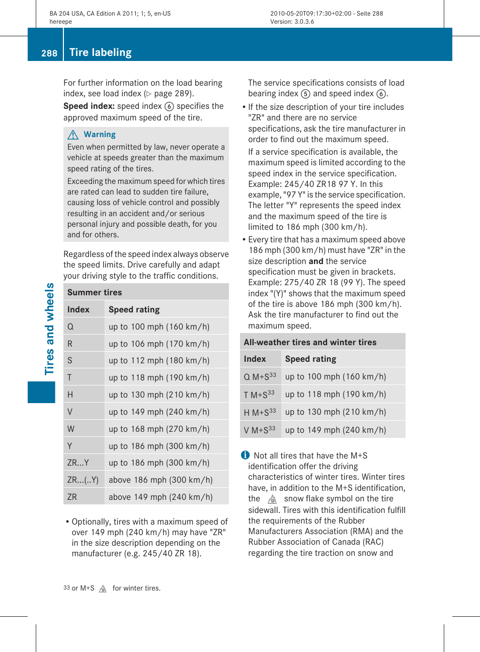 Tires and wheels, Tire labeling | Mercedes-Benz C-Class 2011 Owners Manual User Manual | Page 290 / 320