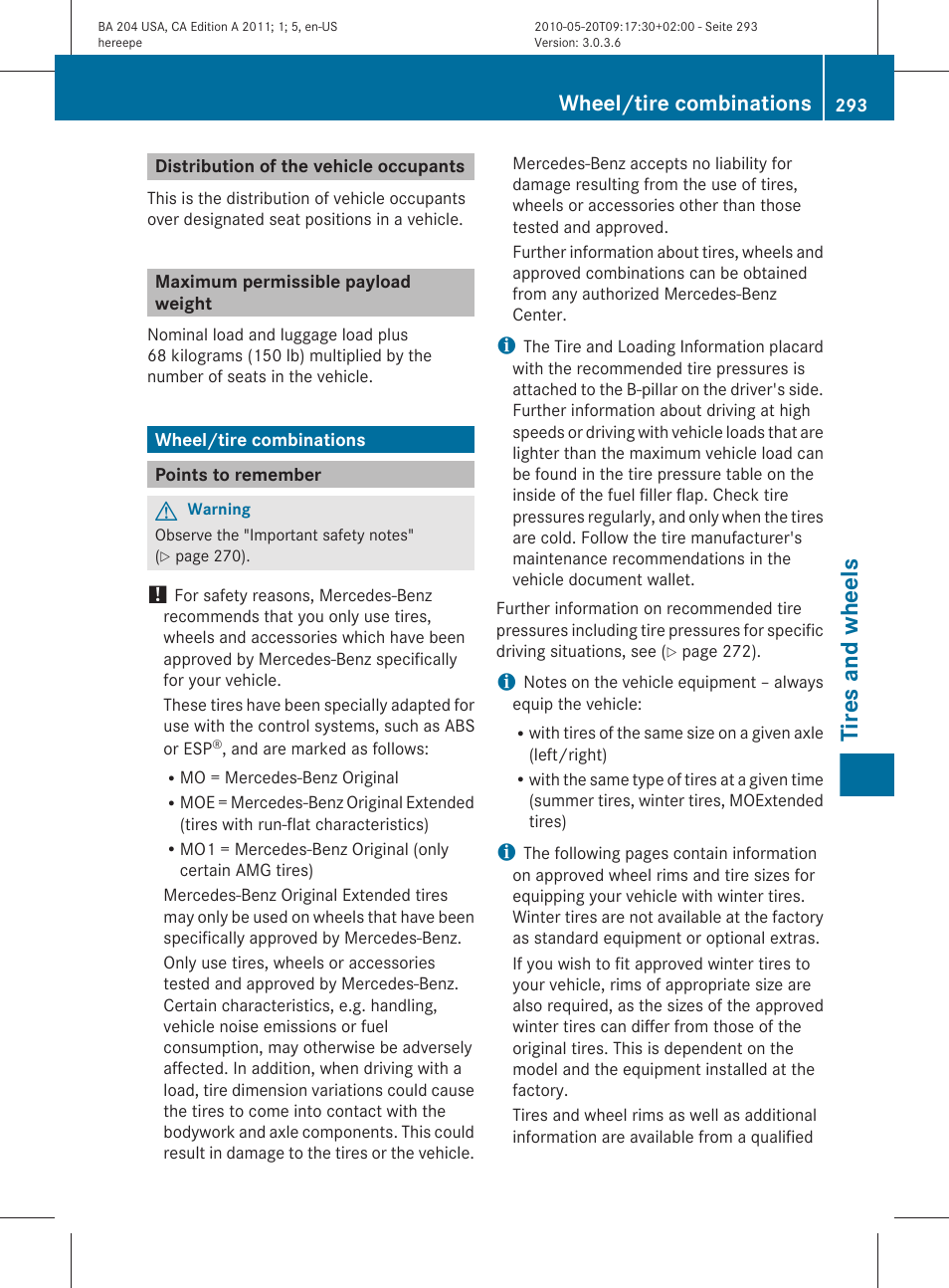 Distribution of the vehicle occupants, Maximum permissible payload weight, Wheel/tire combinations | Points to remember, Section, Tires and wheels | Mercedes-Benz C-Class 2011 Owners Manual User Manual | Page 295 / 320