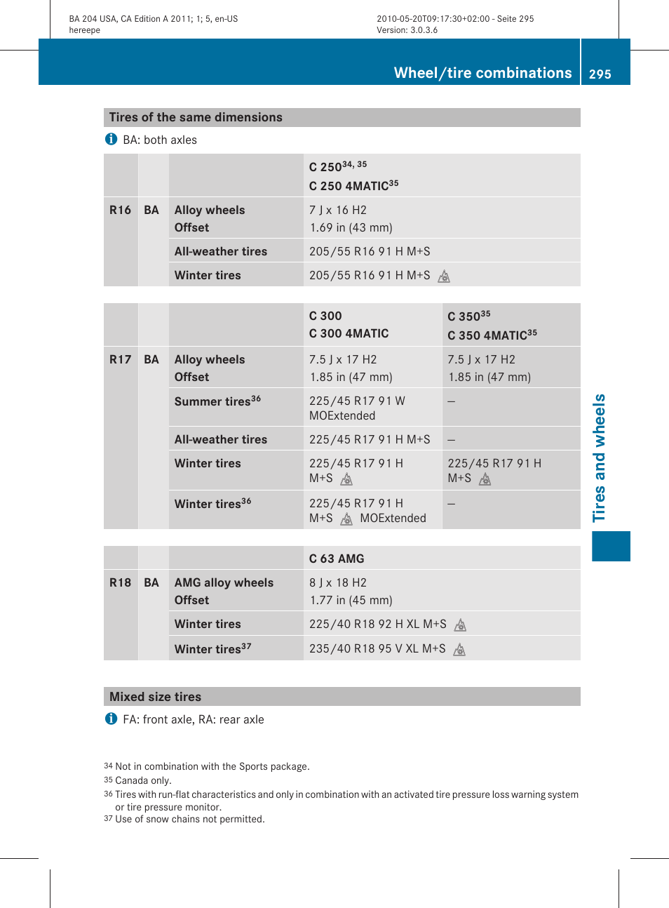 Tires of the same dimensions, Mixed size tires, Tires and wheels | Wheel/tire combinations | Mercedes-Benz C-Class 2011 Owners Manual User Manual | Page 297 / 320