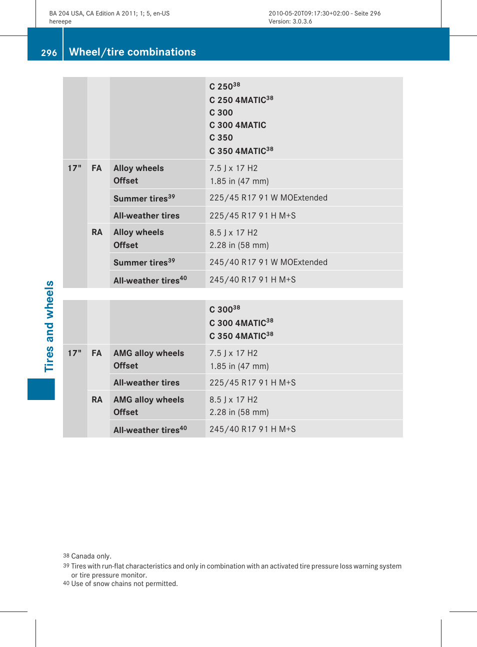 Tires and wheels, Wheel/tire combinations | Mercedes-Benz C-Class 2011 Owners Manual User Manual | Page 298 / 320