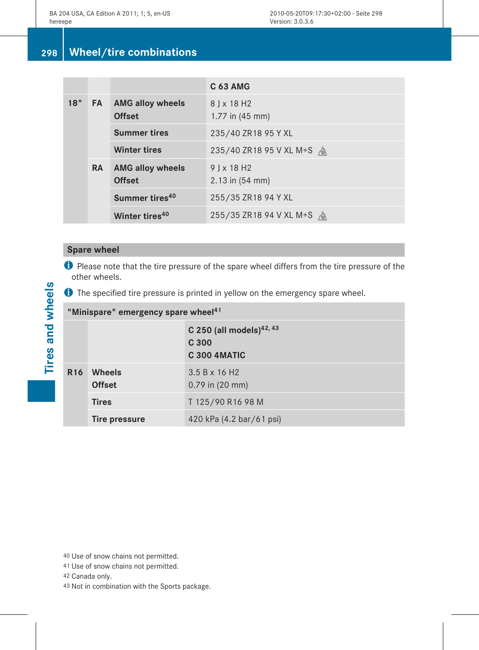 Spare wheel, Tires and wheels, Wheel/tire combinations | Mercedes-Benz C-Class 2011 Owners Manual User Manual | Page 300 / 320