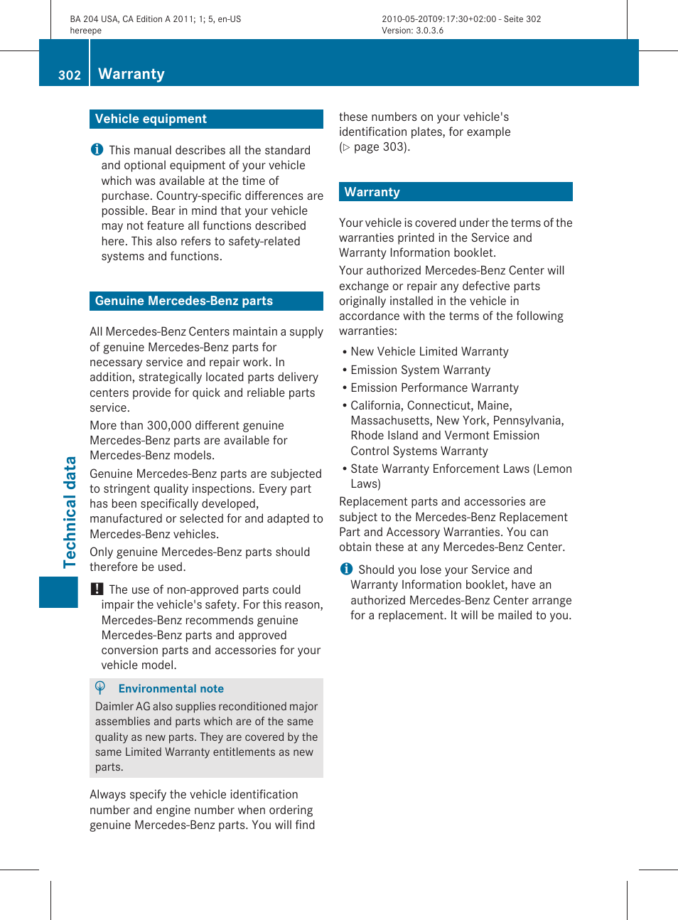 Technical data, Vehicle equipment, Genuine mercedes-benz parts | Warranty | Mercedes-Benz C-Class 2011 Owners Manual User Manual | Page 304 / 320