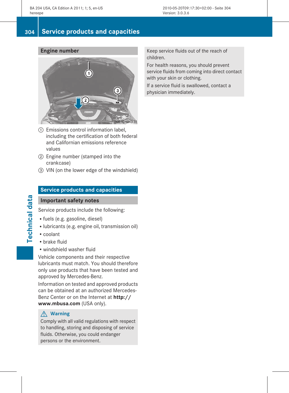 Engine number, Service products and capacities, Important safety notes | Technical data | Mercedes-Benz C-Class 2011 Owners Manual User Manual | Page 306 / 320
