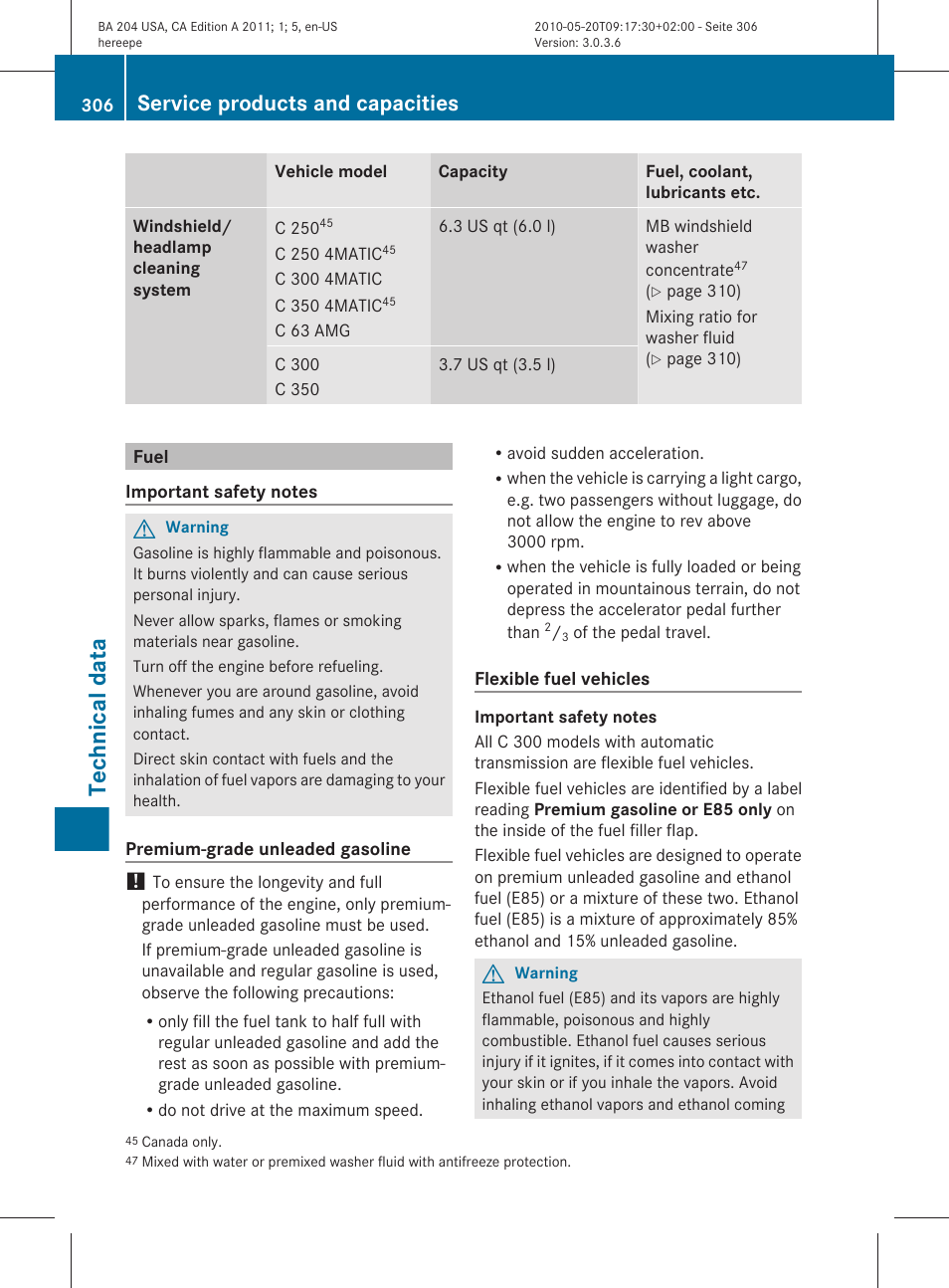 Fuel, Technical data, Service products and capacities | Mercedes-Benz C-Class 2011 Owners Manual User Manual | Page 308 / 320