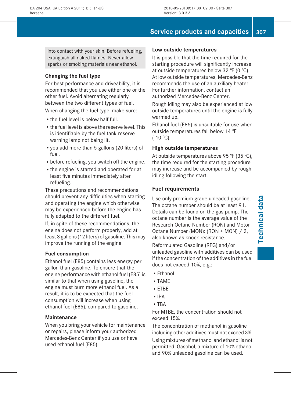 Technical data, Service products and capacities | Mercedes-Benz C-Class 2011 Owners Manual User Manual | Page 309 / 320