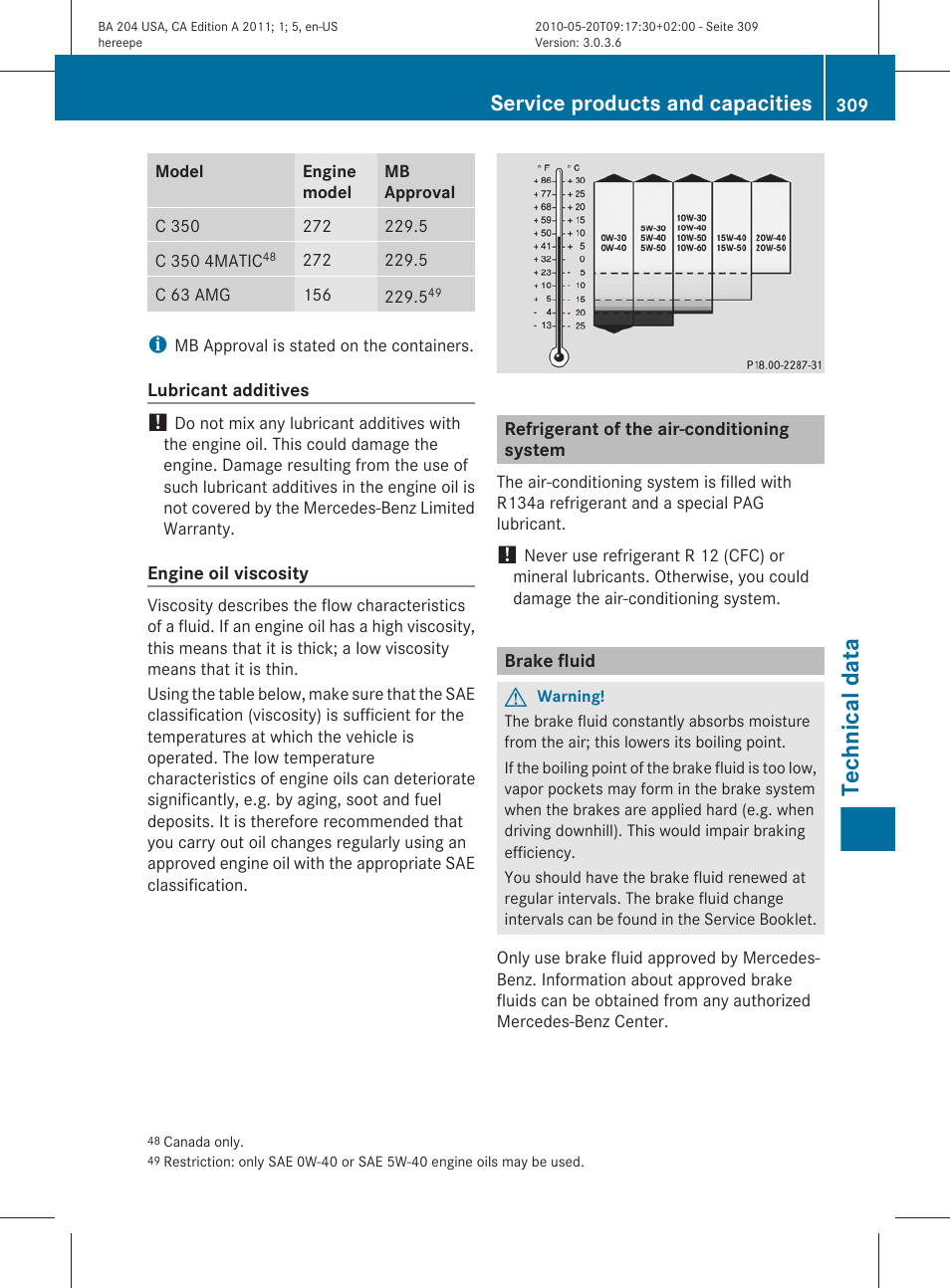 Refrigerant of the air-conditioning system, Brake fluid, Technical data | Service products and capacities | Mercedes-Benz C-Class 2011 Owners Manual User Manual | Page 311 / 320