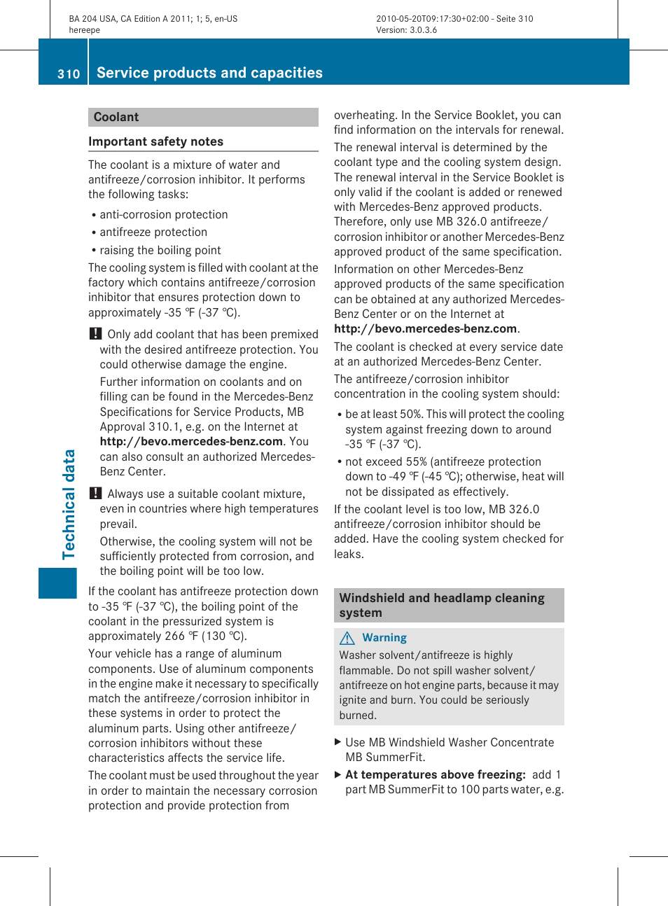 Coolant, Windshield and headlamp cleaning system, Technical data | Service products and capacities | Mercedes-Benz C-Class 2011 Owners Manual User Manual | Page 312 / 320