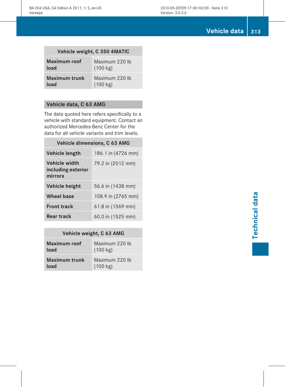 Vehicle data, c 63 amg, Technical data, Vehicle data | Mercedes-Benz C-Class 2011 Owners Manual User Manual | Page 315 / 320