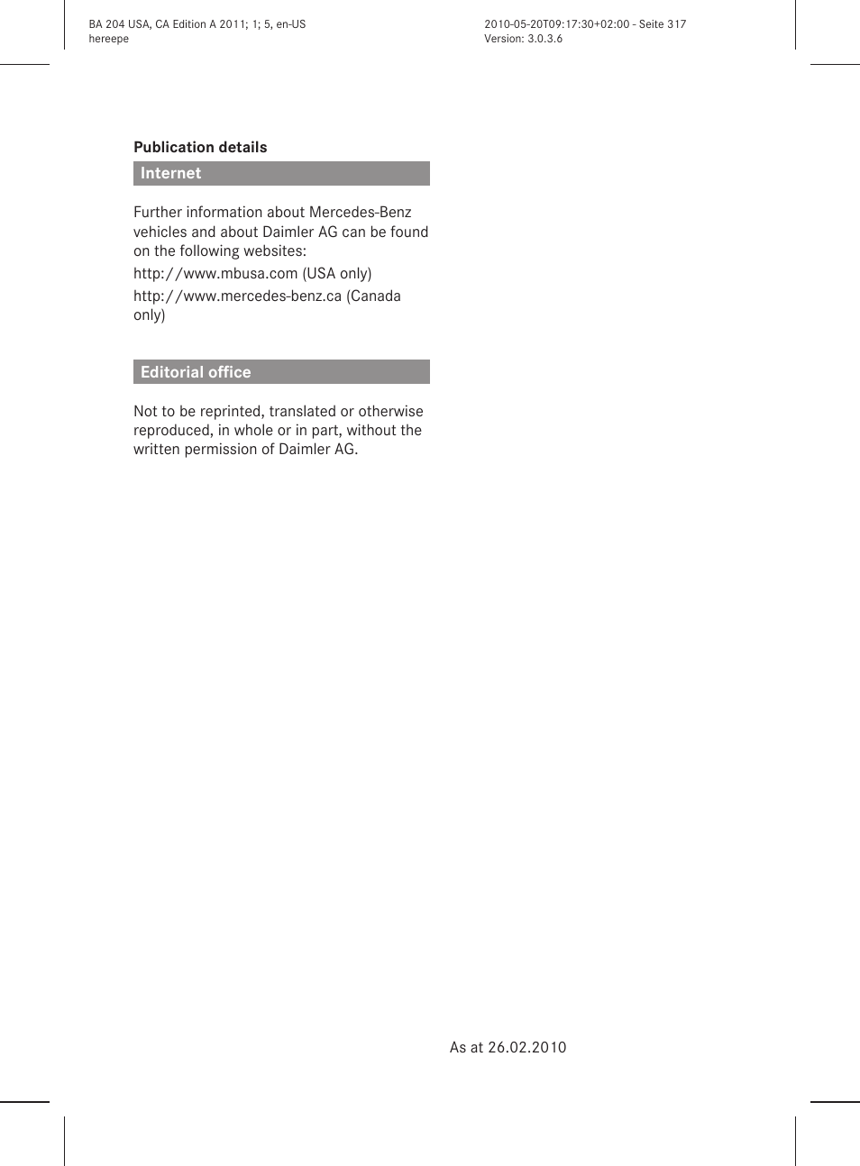 Internet, Editorial office | Mercedes-Benz C-Class 2011 Owners Manual User Manual | Page 319 / 320