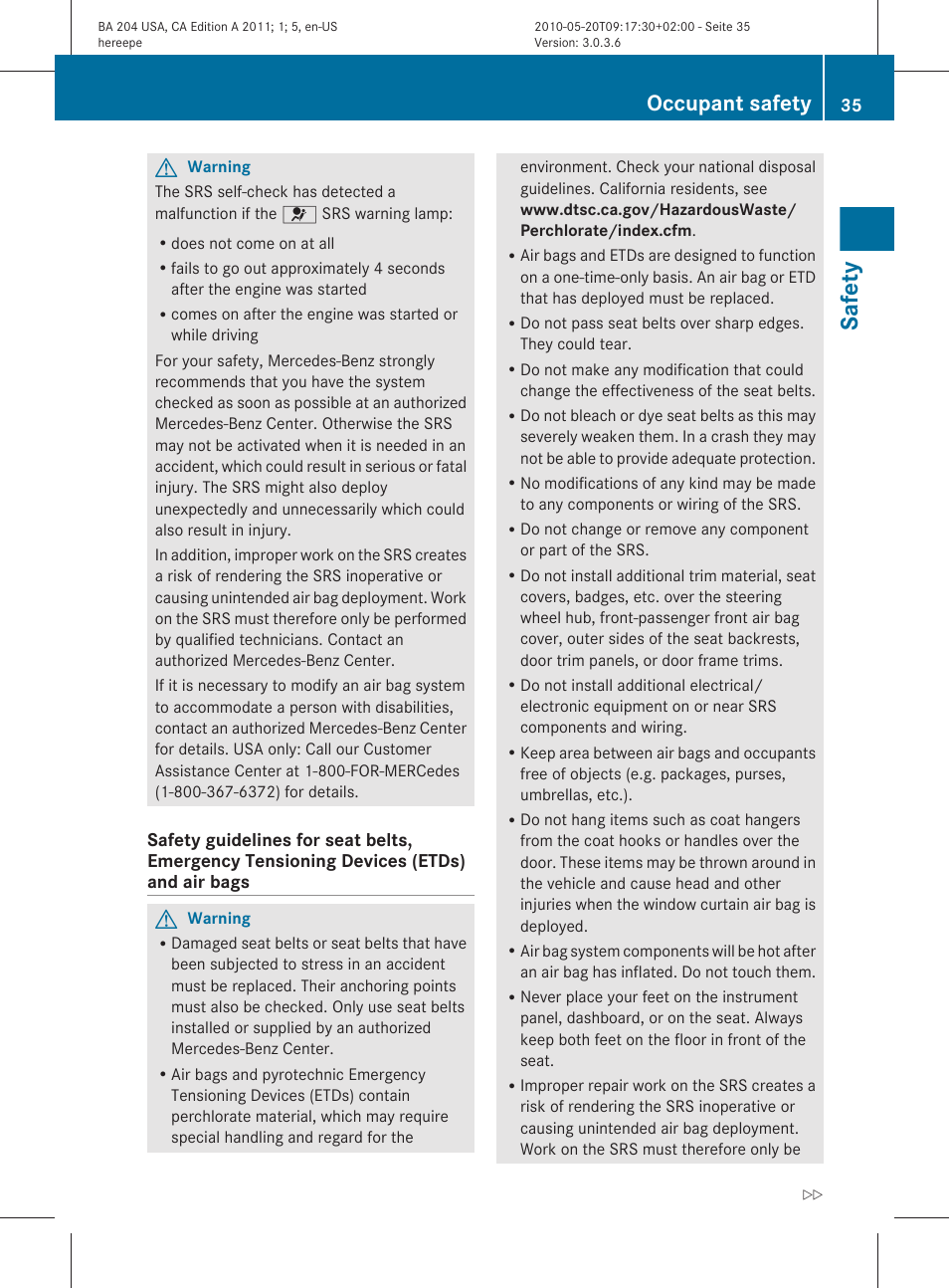 Safety, Occupant safety | Mercedes-Benz C-Class 2011 Owners Manual User Manual | Page 37 / 320