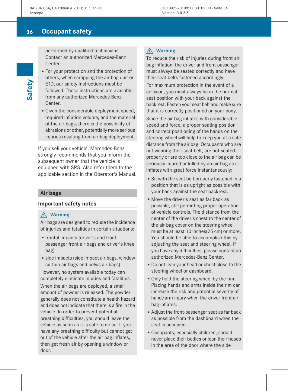 Air bags, Safety, Occupant safety | Mercedes-Benz C-Class 2011 Owners Manual User Manual | Page 38 / 320