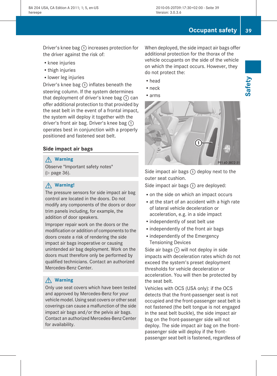 Safety, Occupant safety | Mercedes-Benz C-Class 2011 Owners Manual User Manual | Page 41 / 320