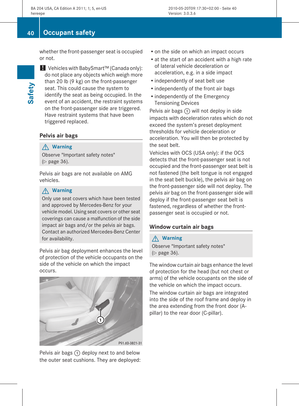 Safety, Occupant safety | Mercedes-Benz C-Class 2011 Owners Manual User Manual | Page 42 / 320