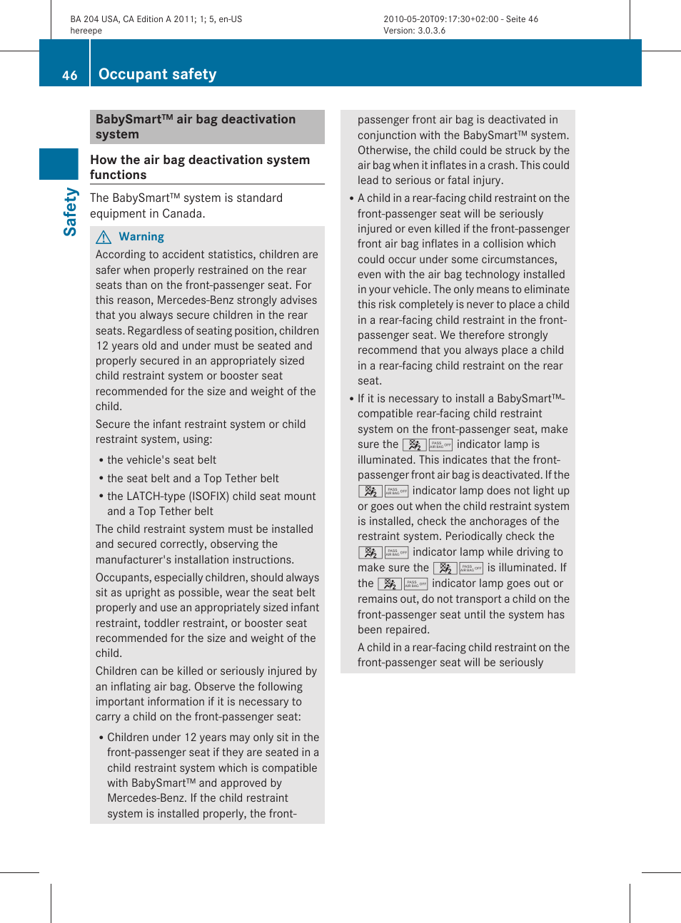 Babysmart™ air bag deactivation system, Safety, Occupant safety | Mercedes-Benz C-Class 2011 Owners Manual User Manual | Page 48 / 320