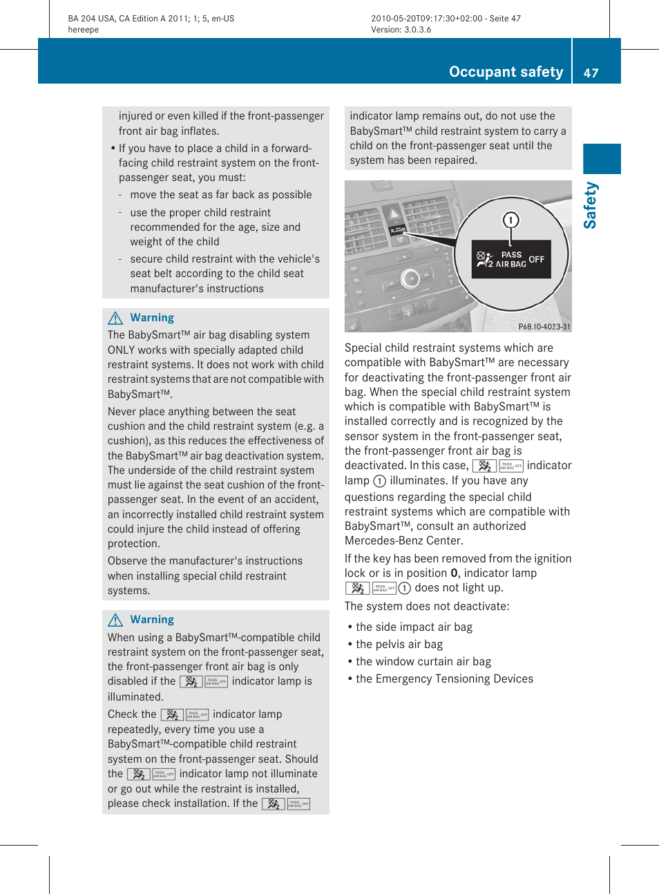 Safety, Occupant safety | Mercedes-Benz C-Class 2011 Owners Manual User Manual | Page 49 / 320