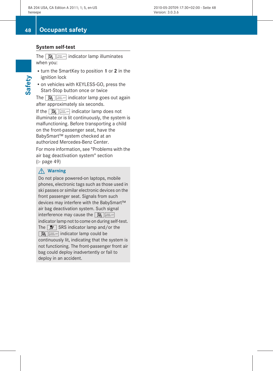 Safety, Occupant safety | Mercedes-Benz C-Class 2011 Owners Manual User Manual | Page 50 / 320