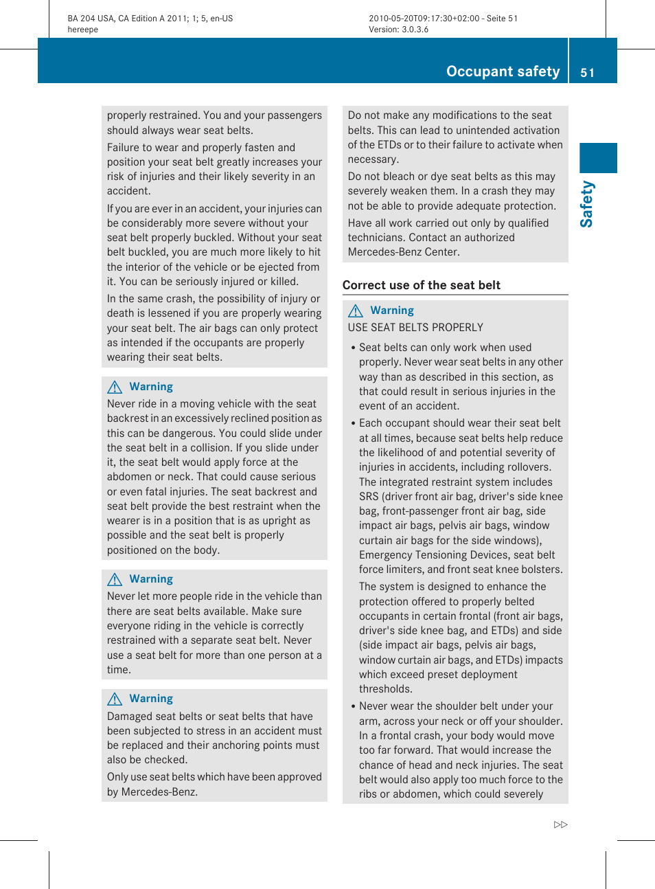 Safety, Occupant safety | Mercedes-Benz C-Class 2011 Owners Manual User Manual | Page 53 / 320
