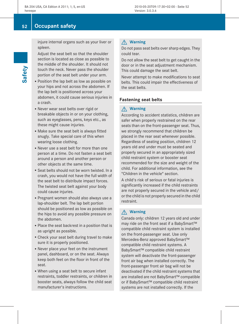 Safety, Occupant safety | Mercedes-Benz C-Class 2011 Owners Manual User Manual | Page 54 / 320