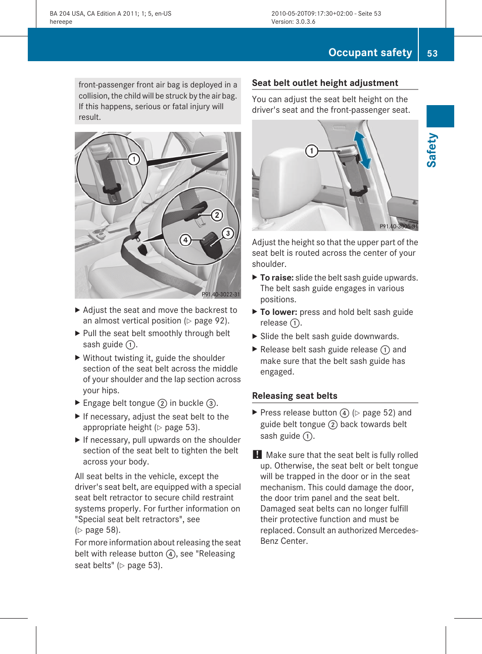 Safety, Occupant safety | Mercedes-Benz C-Class 2011 Owners Manual User Manual | Page 55 / 320