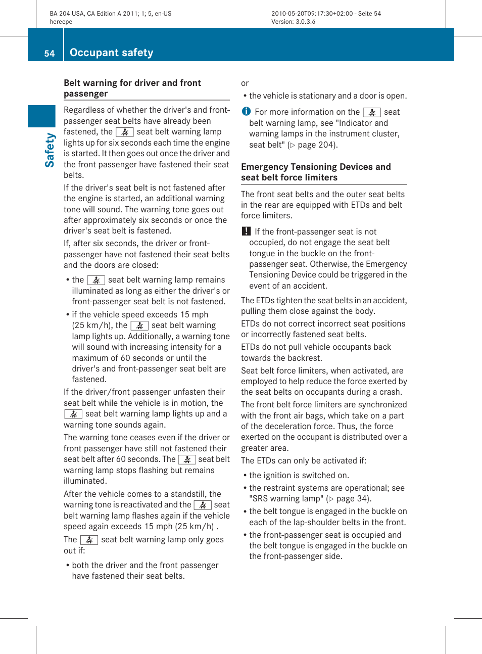 Safety, Occupant safety | Mercedes-Benz C-Class 2011 Owners Manual User Manual | Page 56 / 320