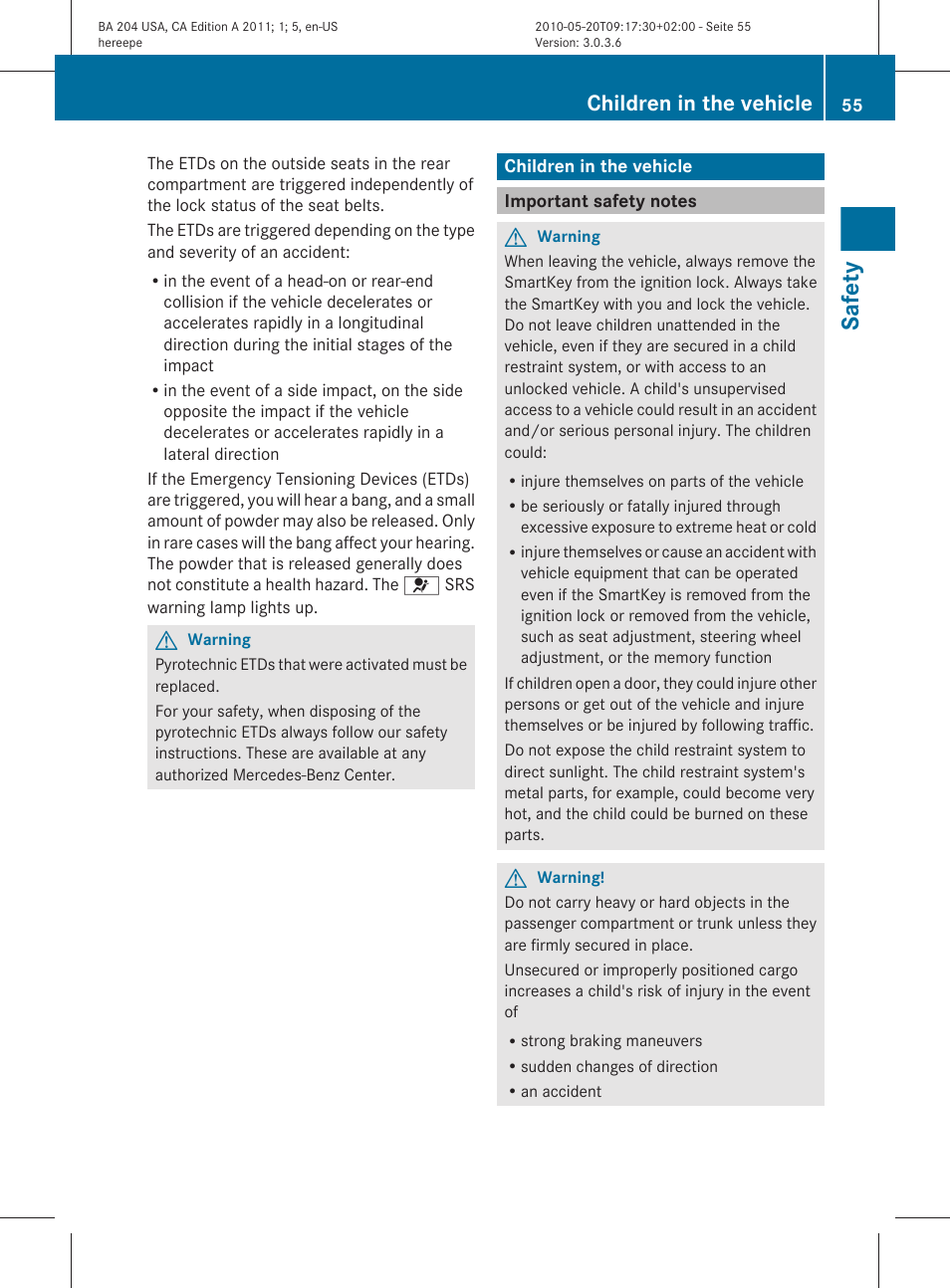 Children in the vehicle, Important safety notes, Safety | Mercedes-Benz C-Class 2011 Owners Manual User Manual | Page 57 / 320