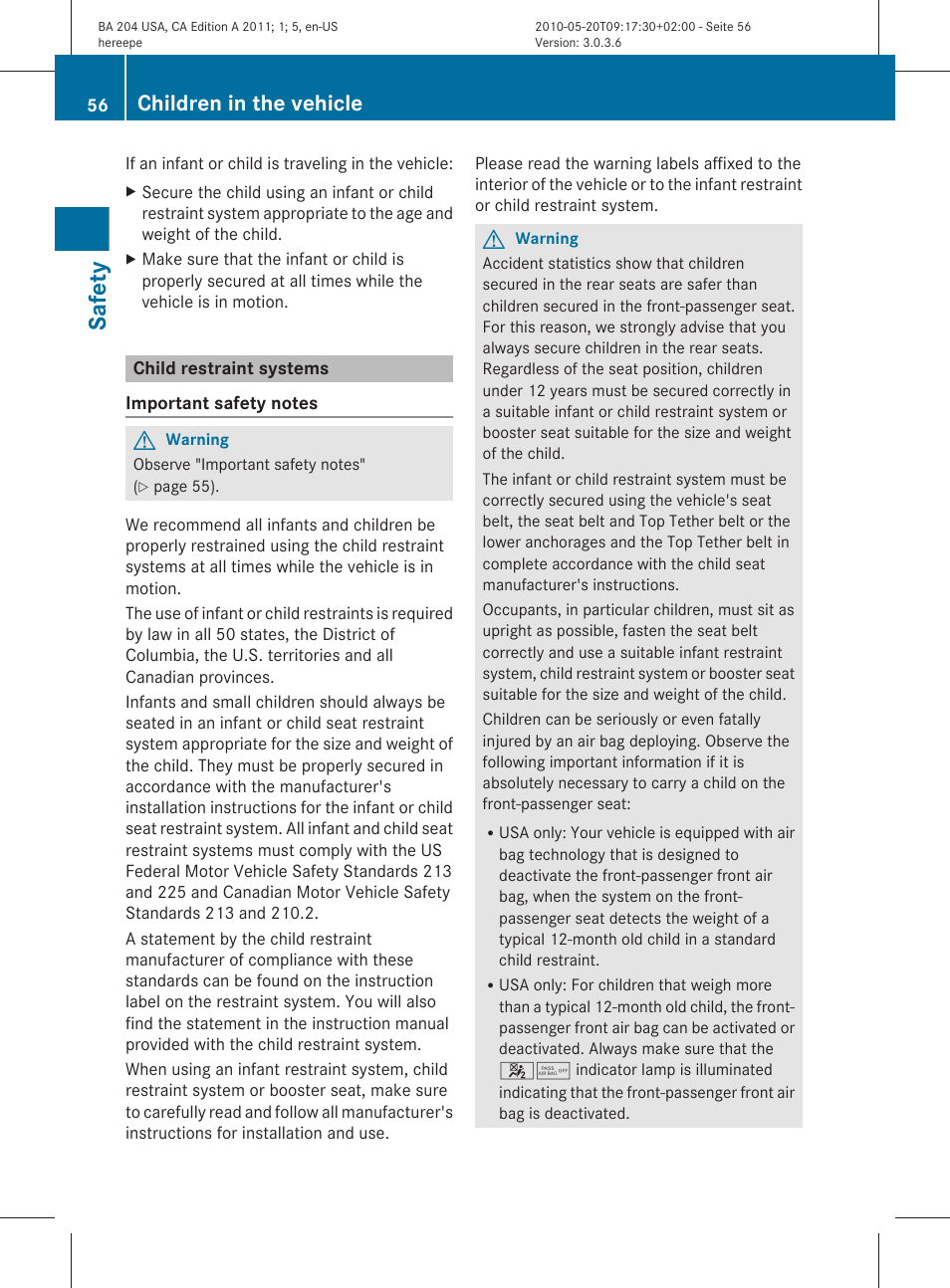 Child restraint systems, Safety, Children in the vehicle | Mercedes-Benz C-Class 2011 Owners Manual User Manual | Page 58 / 320