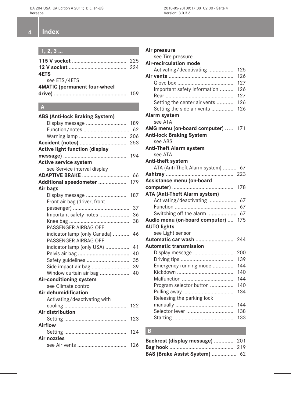 Index | Mercedes-Benz C-Class 2011 Owners Manual User Manual | Page 6 / 320
