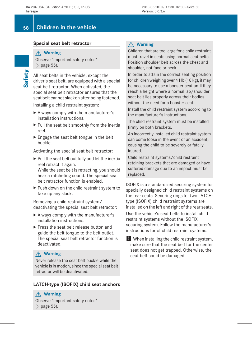 Safety, Children in the vehicle | Mercedes-Benz C-Class 2011 Owners Manual User Manual | Page 60 / 320