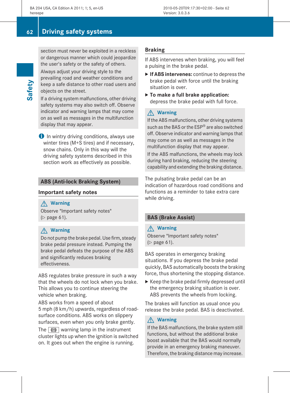 Abs (anti-lock braking system), Bas (brake assist), Safety | Driving safety systems | Mercedes-Benz C-Class 2011 Owners Manual User Manual | Page 64 / 320