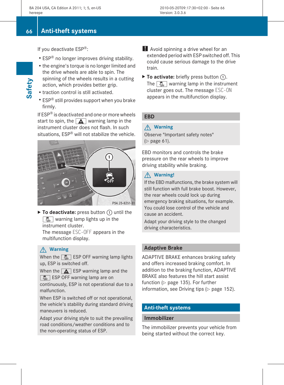 Adaptive brake, Anti-theft systems, Immobilizer | Safety | Mercedes-Benz C-Class 2011 Owners Manual User Manual | Page 68 / 320
